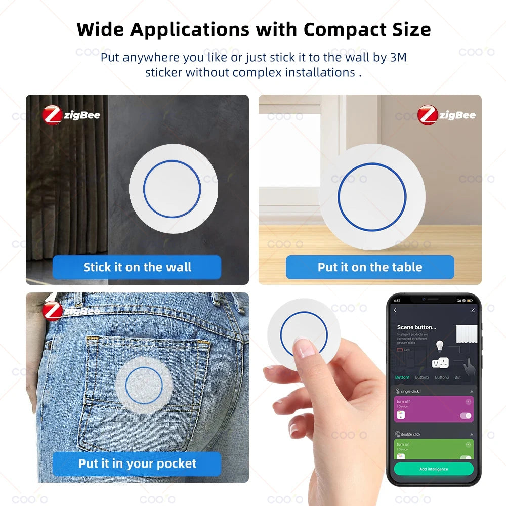 Tuya ZigBee Push Button Wireless Hand -Remoter Scene Switch Controller Battery Powered Automation App Control Device Support Z2M