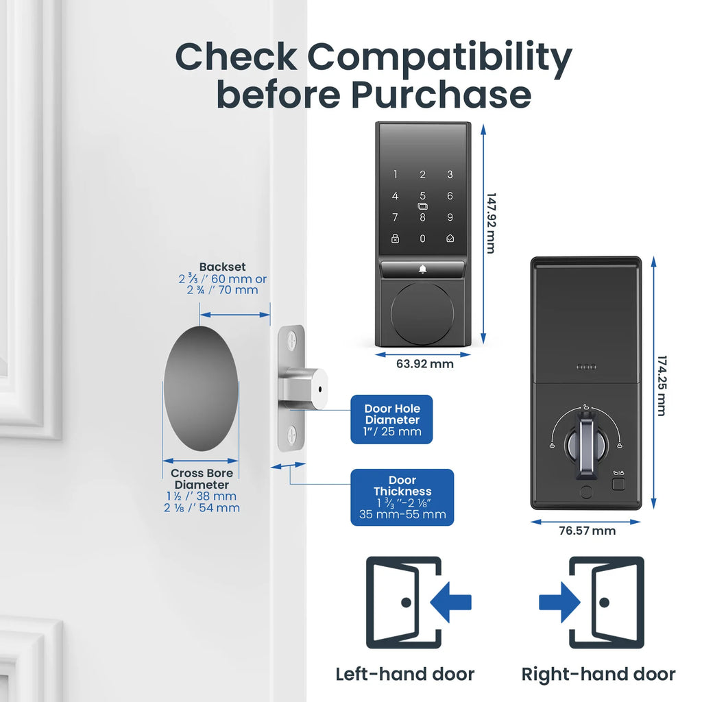 Smart Door Lock, Keyless Entry Door Lock with Doorbell, Door Locks for Front Door with App Control, Auto-Lock, with Bluetooth