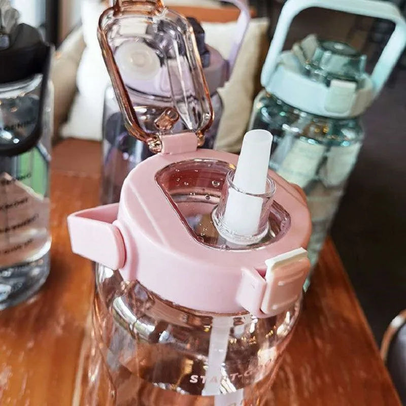 2L Water Bottle With Straw Large Capacity Sports Water Bottle Travel Fitness Sports Portable Drinking Bottles With Time Marker