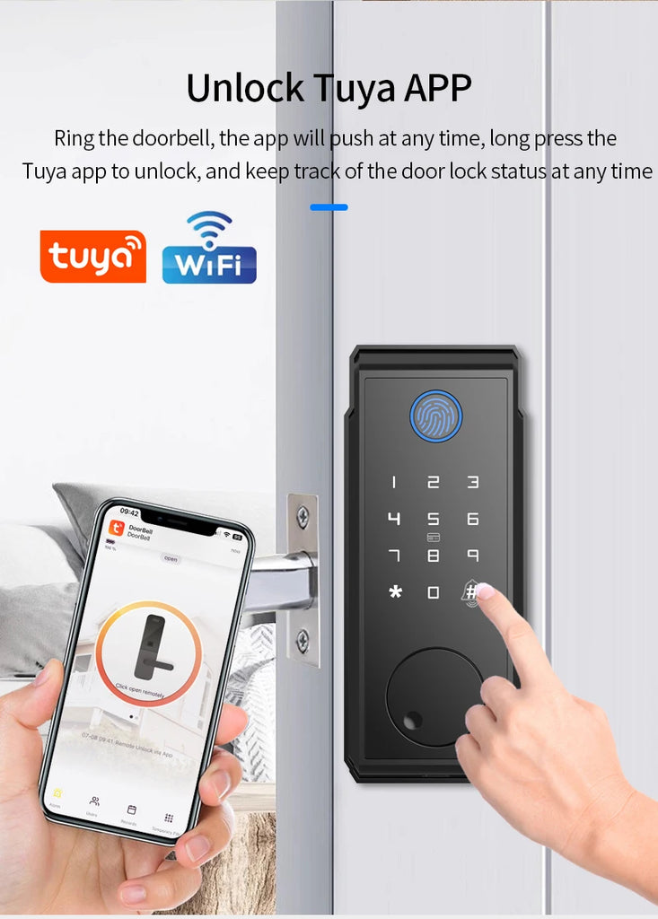 Tuya WiFi Smart Deadbolt Fingerprint Door Lock Electronic Keyless Entry Front Lock Digital Keypad Home Office AutoLock Dead Bolt