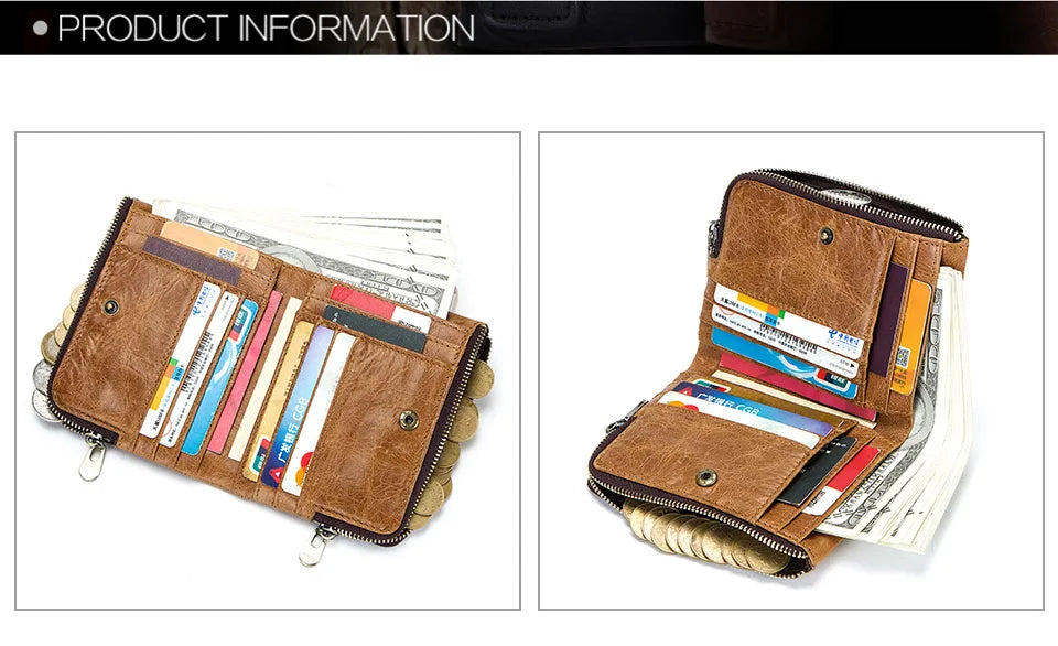 RFID Card Holder Wallet for Men Genuine Leather Small Money Bag Luxury Double Zipper Coin Pocket Quality Male Clutch Carteira