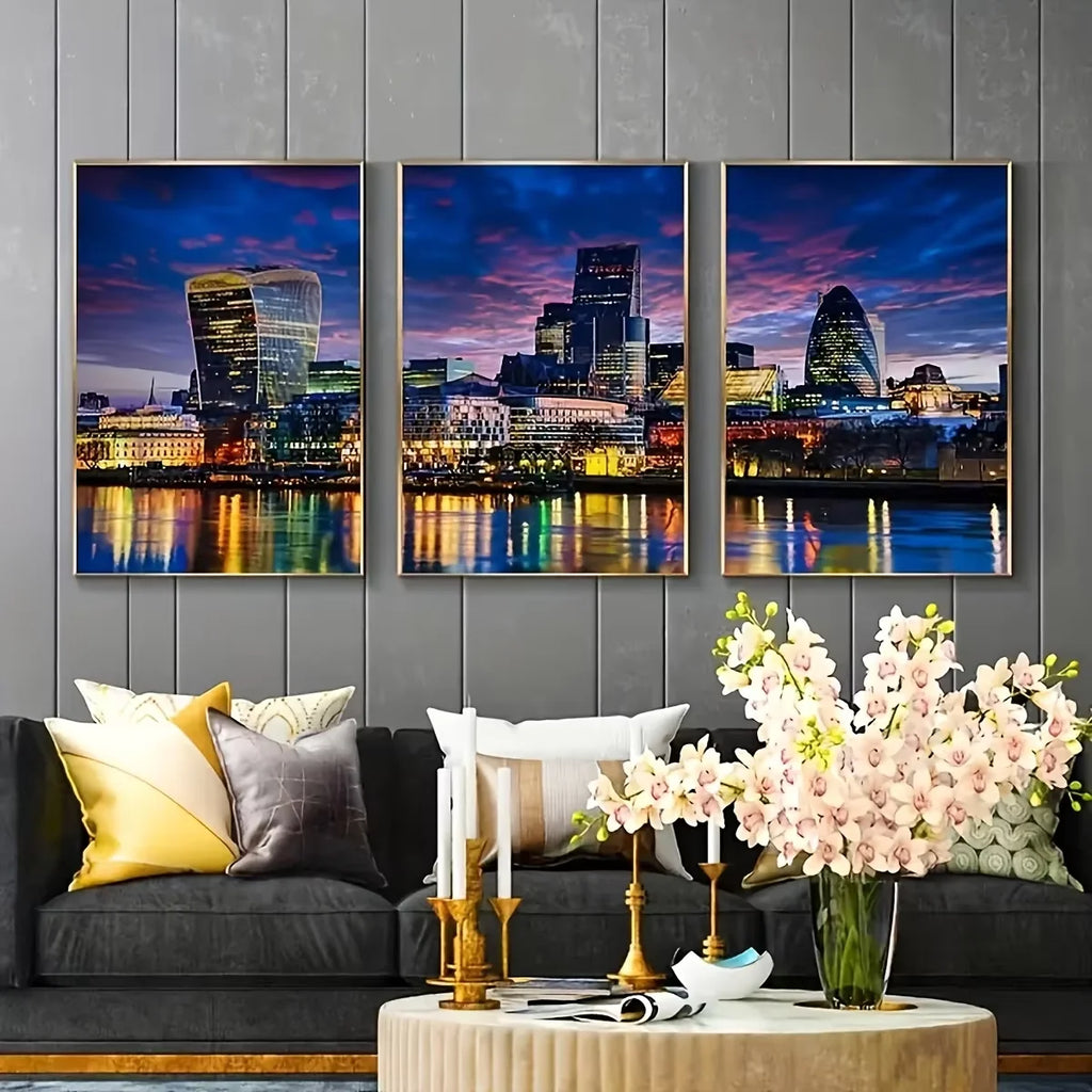 3pcs, Frameless Canvas Posters, Abstract London City Landscape Night Scene Illustrations, Canvas Wall Art, Art Wall Painting Gif