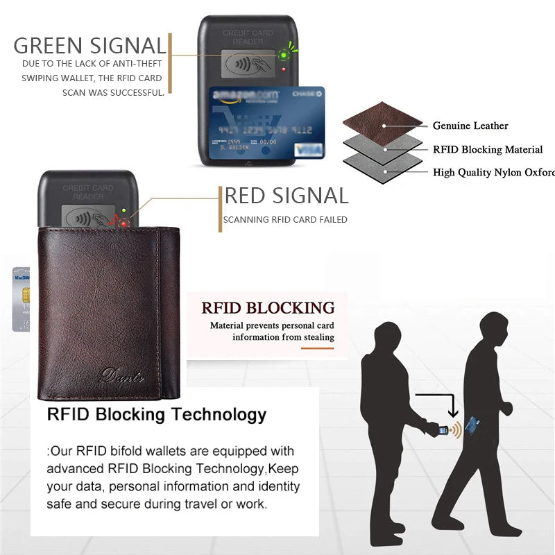 Dante Retro Three Fold Genuine Leather Men's Wallet with Anti-Theft Card Swiping Head Layer Cowhide Wallets Multiple Card Slot