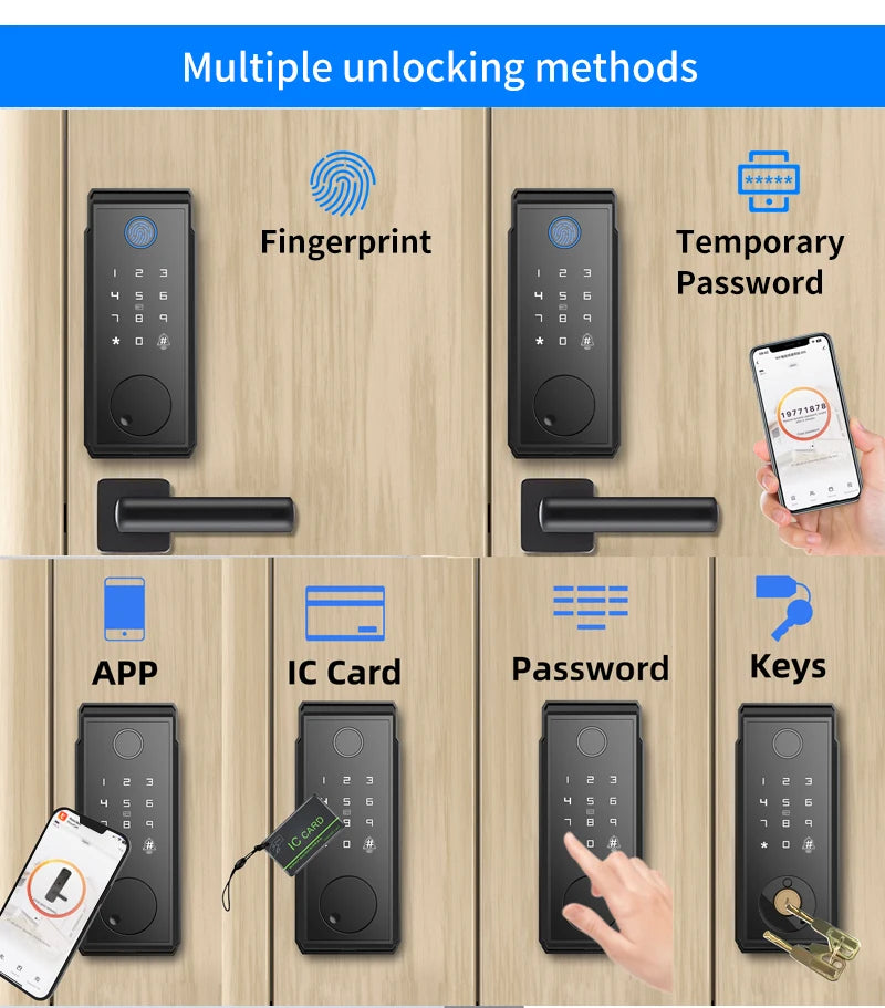 Smart Deadbolt Lock Tuya APP Wifi Keyless IC Card Fingerprint Keypad Digital Remote Unlock Dead Bolt Cylinder door Lock For Home