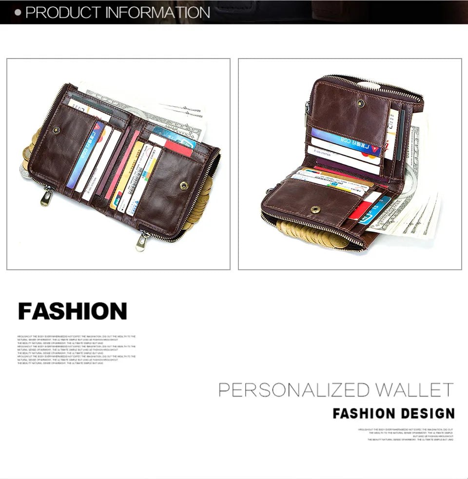 RFID Card Holder Wallet for Men Genuine Leather Small Money Bag Luxury Double Zipper Coin Pocket Quality Male Clutch Carteira
