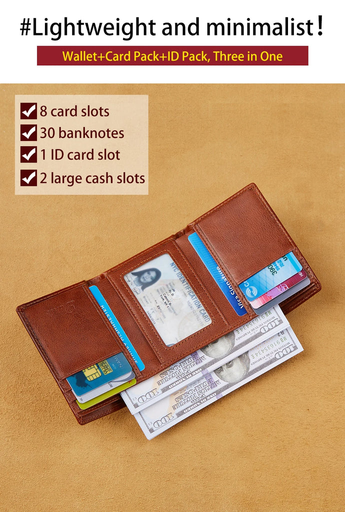 Dante Retro Three Fold Genuine Leather Men's Wallet with Anti-Theft Card Swiping Head Layer Cowhide Wallets Multiple Card Slot