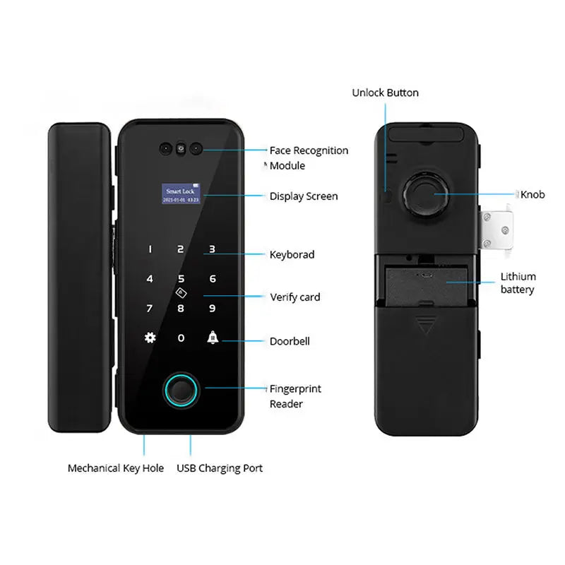3D Face Recognition Smart Lock Infrared Sensor Tuya APP WIFI Biometric Electronic Fingerprint Unlock Glass Door Lock Office Door