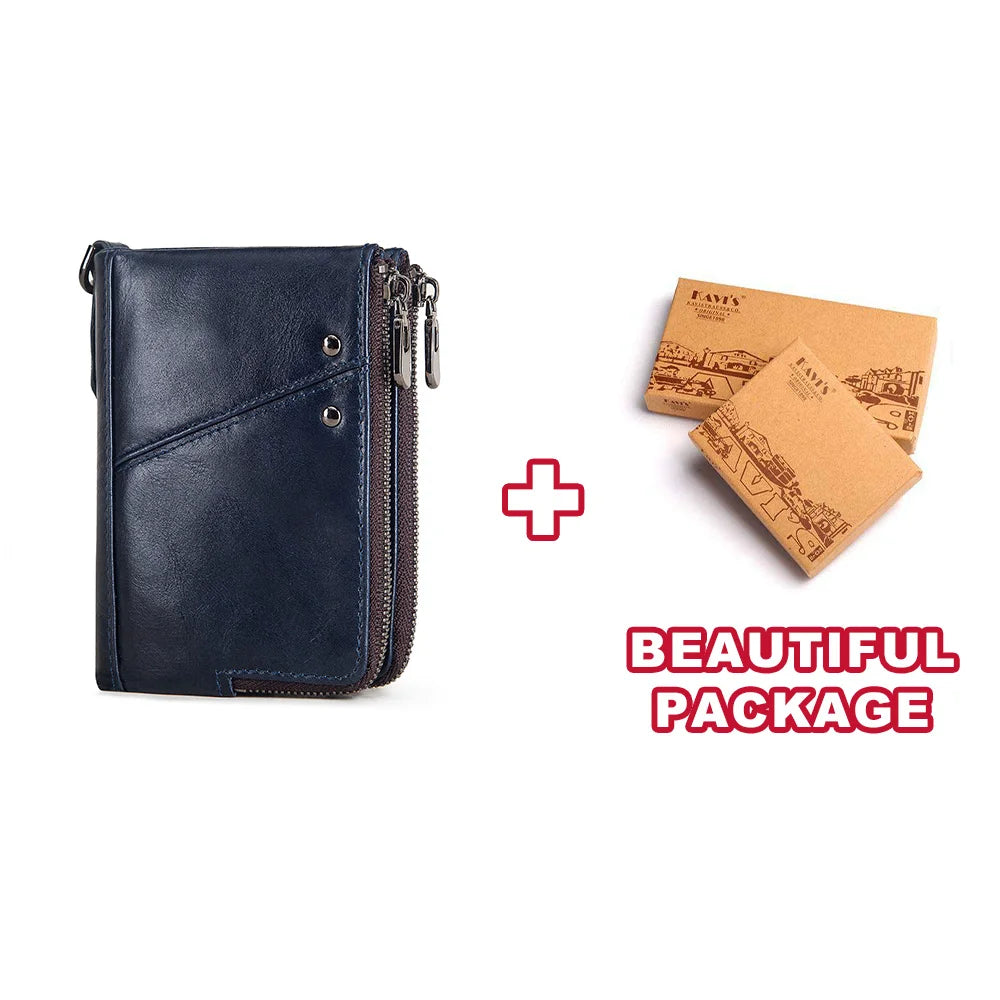 RFID Card Holder Wallet for Men Genuine Leather Small Money Bag Luxury Double Zipper Coin Pocket Quality Male Clutch Carteira