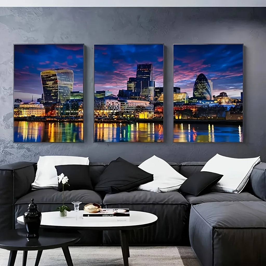 3pcs, Frameless Canvas Posters, Abstract London City Landscape Night Scene Illustrations, Canvas Wall Art, Art Wall Painting Gif