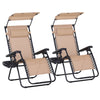 DodiOnline 2 Piece Foldable Reclining Garden Chair with Headrest, Zero Gravity Deck Sun Lounger Seat Chair with Footrest, Armrest, Cup Holder & Canopy Shade, Beige