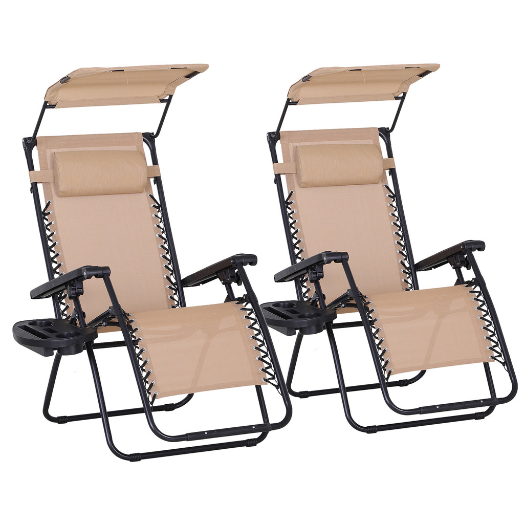 DodiOnline 2 Piece Foldable Reclining Garden Chair with Headrest, Zero Gravity Deck Sun Lounger Seat Chair with Footrest, Armrest, Cup Holder & Canopy Shade, Beige