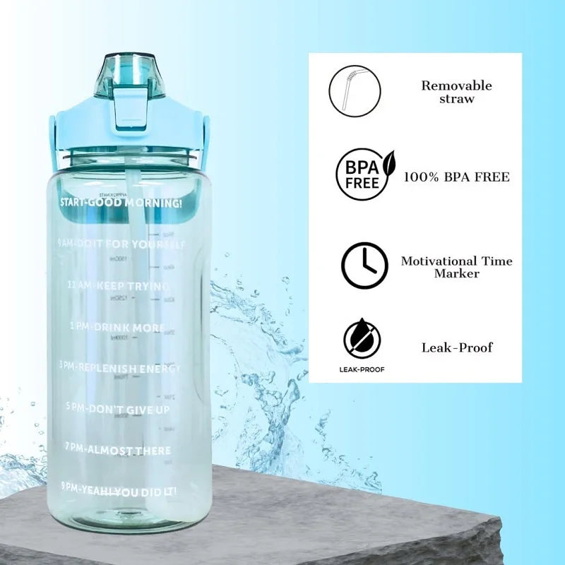 2L Water Bottle With Straw Large Capacity Sports Water Bottle Travel Fitness Sports Portable Drinking Bottles With Time Marker
