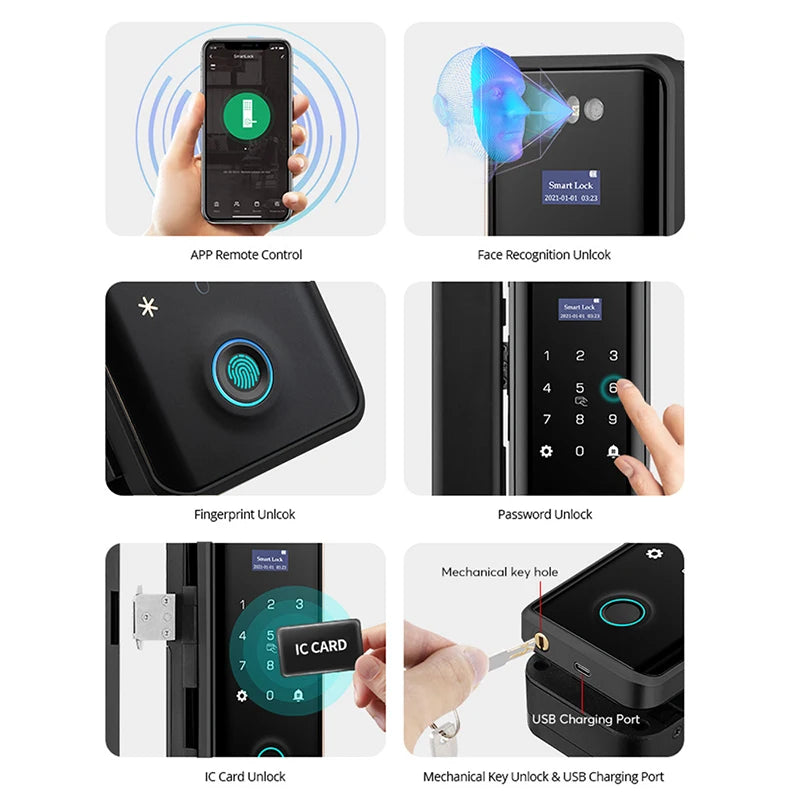 3D Face Recognition Smart Lock Infrared Sensor Tuya APP WIFI Biometric Electronic Fingerprint Unlock Glass Door Lock Office Door