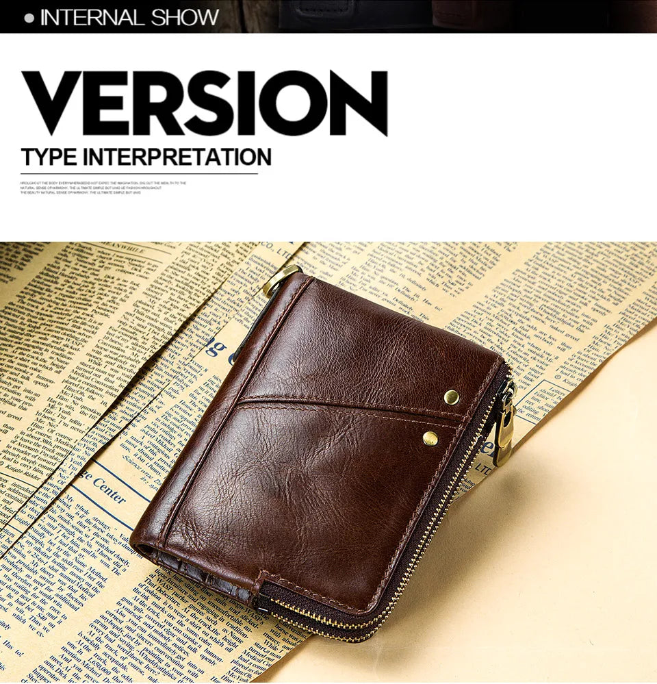 RFID Card Holder Wallet for Men Genuine Leather Small Money Bag Luxury Double Zipper Coin Pocket Quality Male Clutch Carteira
