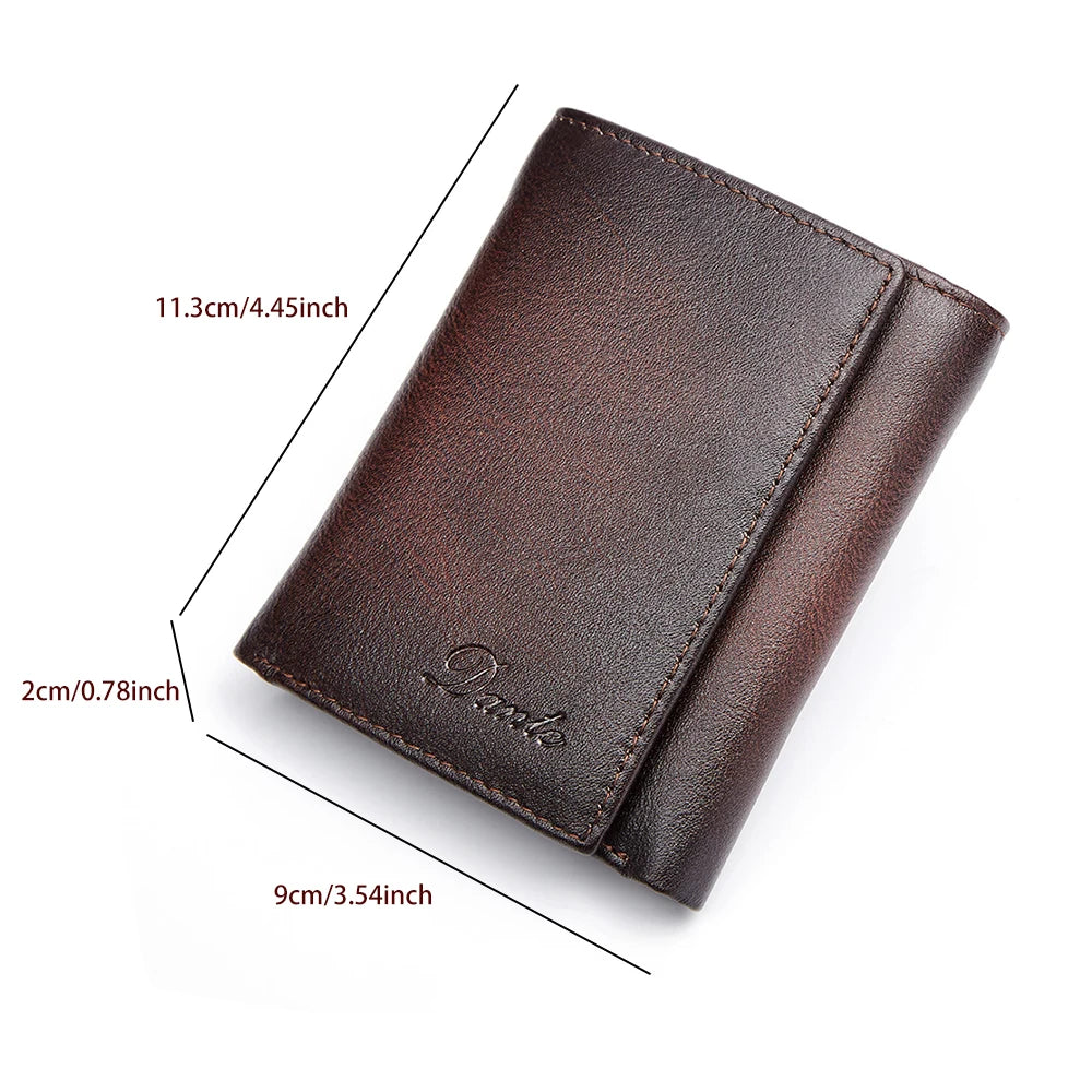 Dante Retro Three Fold Genuine Leather Men's Wallet with Anti-Theft Card Swiping Head Layer Cowhide Wallets Multiple Card Slot