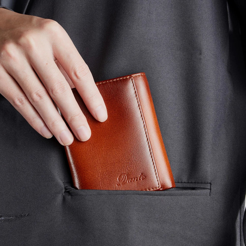 Dante Retro Three Fold Genuine Leather Men's Wallet with Anti-Theft Card Swiping Head Layer Cowhide Wallets Multiple Card Slot