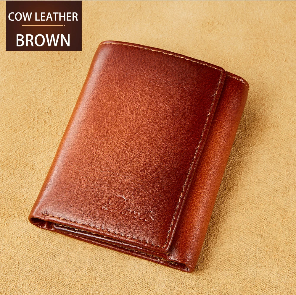 Dante Retro Three Fold Genuine Leather Men's Wallet with Anti-Theft Card Swiping Head Layer Cowhide Wallets Multiple Card Slot