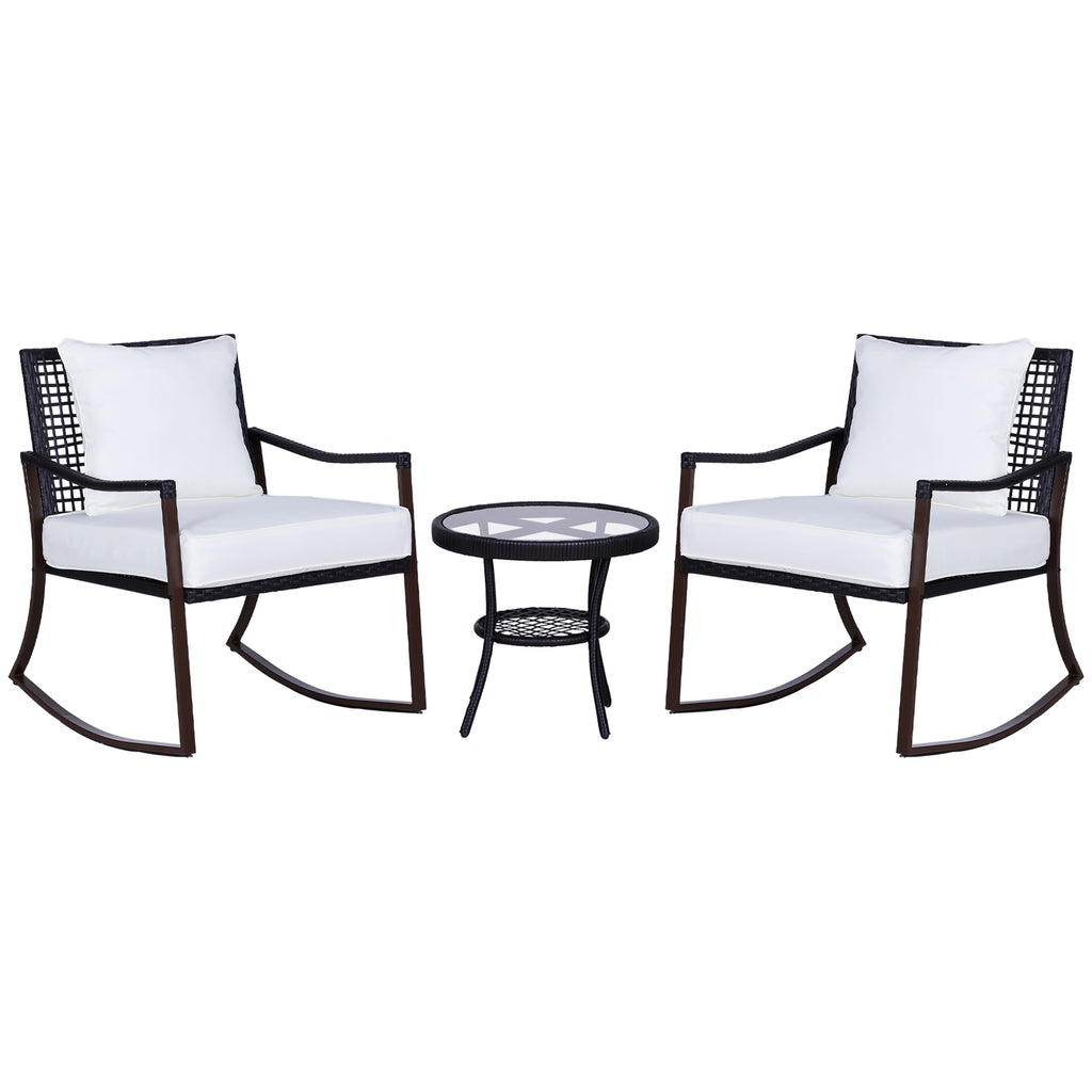 DodiOnline 3 Pieces PE Rattan Garden Rocking Chair Set w/ Soft Cushion, Outdoor Rocking Bistro Set with Tempered Glass Round Coffee Table, Pillow, Brown