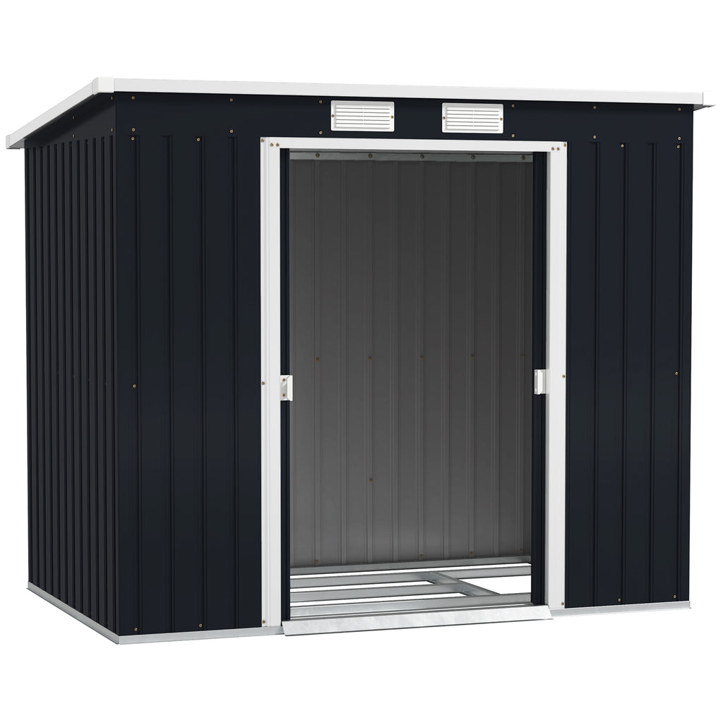 DodiOnline Outdoor Lean to Garden Metal Equipment Tool Storage Shed w/ Foundation Kit, Double Door, Vents and Sloped Roof, Dark Grey