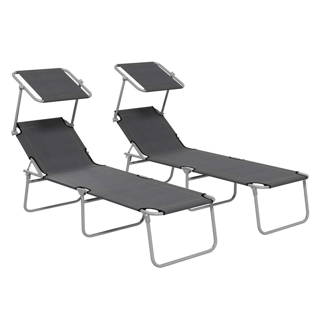 DodiOnline Outdoor Foldable Sun Lounger Set of 2, 4 Level Adjustable Backrest Reclining Sun Lounger Chair with Angle Adjust Sun Shade Awning for Beach, Garden, Patio, Grey