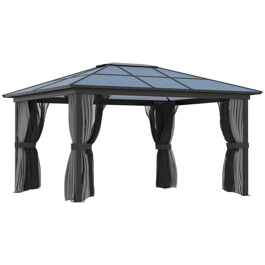 DodiOnline 3.6 x 4m Hardtop Gazebo Canopy with Polycarbonate Roof, Aluminium Frame, Permanent Pavilion Garden Gazebo with Netting and Curtains for Patio, Deck, Dark Grey