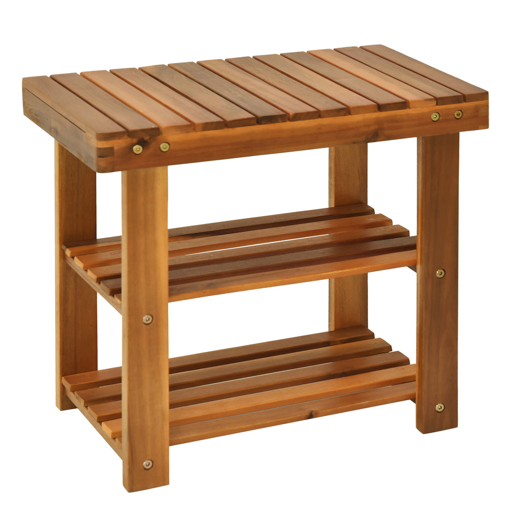 DodiOnline Acacia Wood Shoe Bench,  3-Tier Shoe Storage Rack, Hallway Organizer Shelf, for Entryway, Living Room, Bedroom, 50 x 28 x 45 cm, Teak