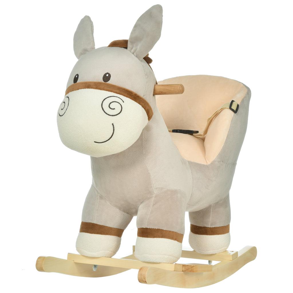 DodiOnline Kids Children Rocking Horse Plush Ride On Donkey Seat w/ Sound Wood Base Seat Safety Belt Toddler Baby Toy Rocker Grey 18 - 36 Months