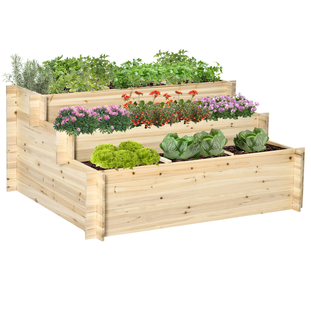 DodiOnline 117cm x 100cm x 54cm 3 Tier Raised Garden Bed 376L Fir Wood Elevated Planter Flower Box with 9 Grow Grids and Non-woven Fabric for Vegetables, Flower, Herb Outdoor Indoor Use