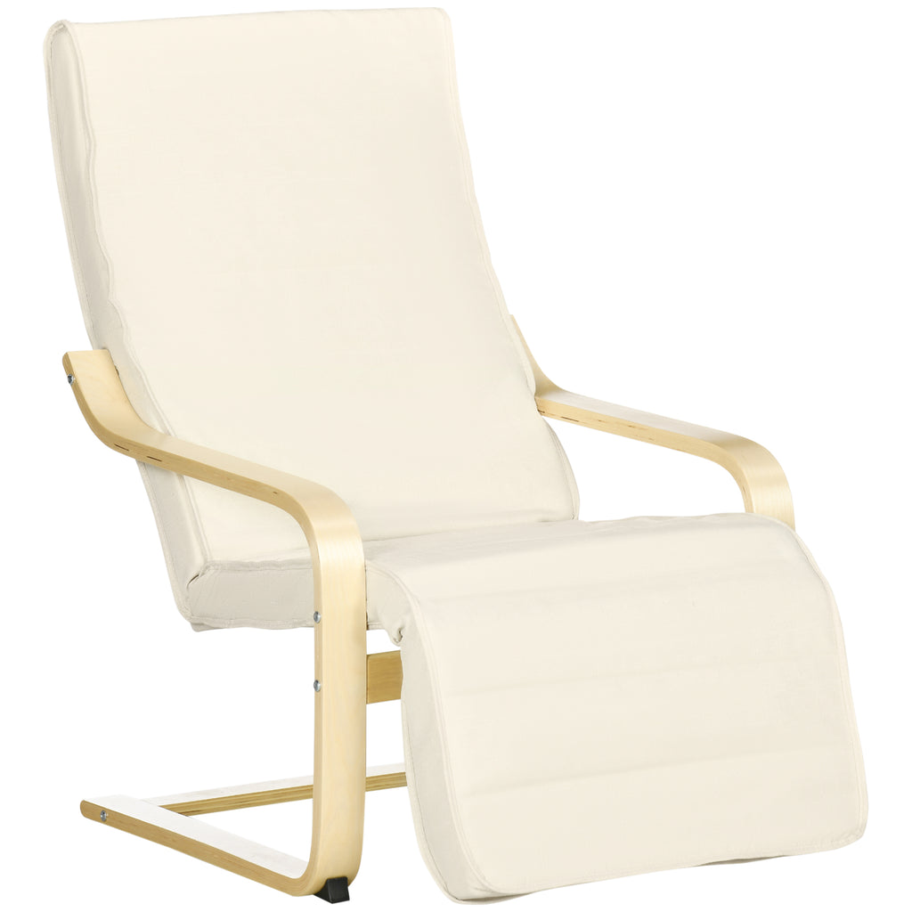 DodiOnline Wooden Lounging Chair Deck Relaxing Recliner Lounge Seat with Adjustable Footrest & Removable Cushion, Cream White