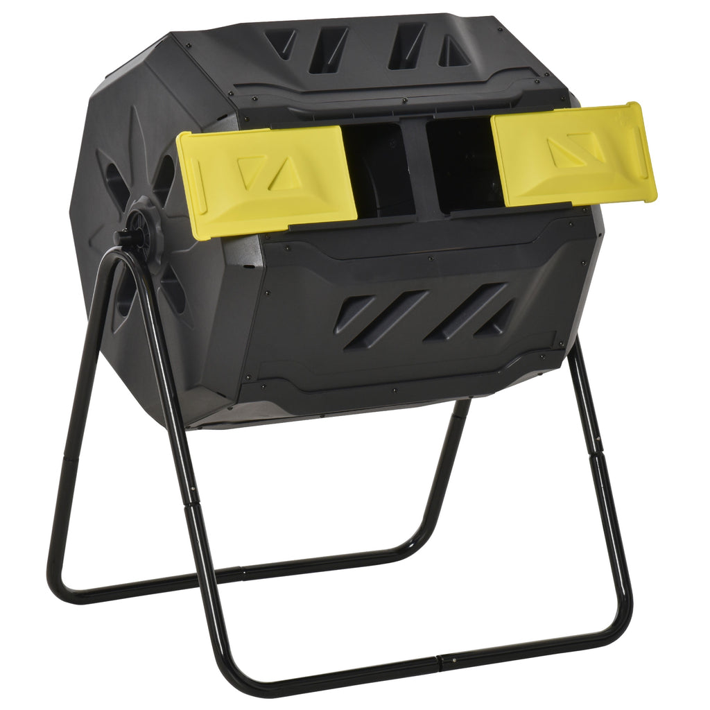 DodiOnline 160L Tumbling Compost Bin Outdoor Dual Chamber 360° Rotating Composter, Garden Compost Bin w/ Sliding Doors & Solid Steel Frame, Yellow