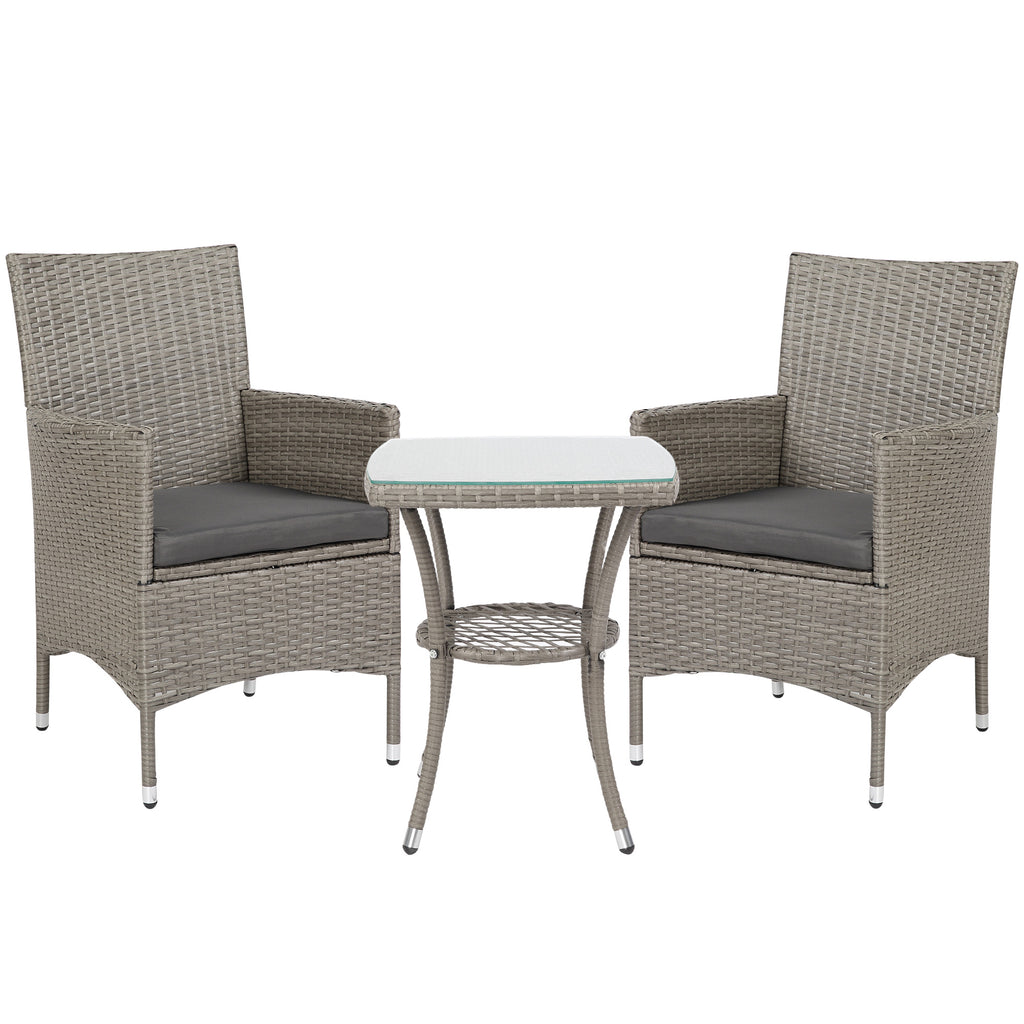 DodiOnline 3 Pieces Rattan Bistro Set, Wicker Outdoor Furniture Set with 2-Tier Coffee Table and Chairs, Washable Cushions, for Outdoor Patio Balcony, Grey