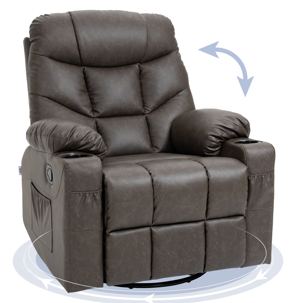 DodiOnline Manual Reclining Chair, Recliner Armchair with Faux Leather, Footrest, Cup Holders, 86x93x102cm, Brown