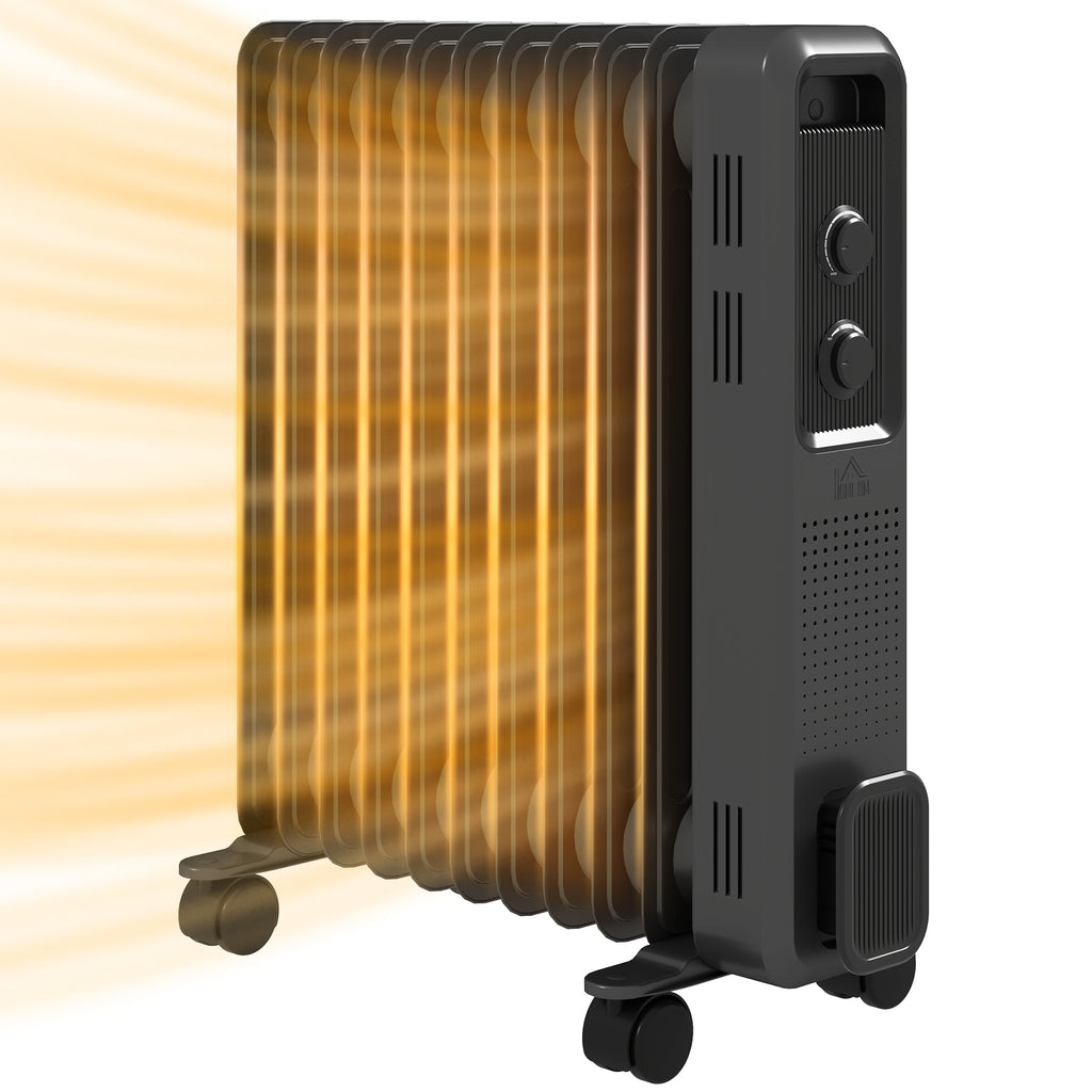 DodiOnline 2500W Oil Filled Radiator, 11 Fin, Portable Electric Heater with 3 Heat Settings, Safety Cut-Off and Wheels, Grey