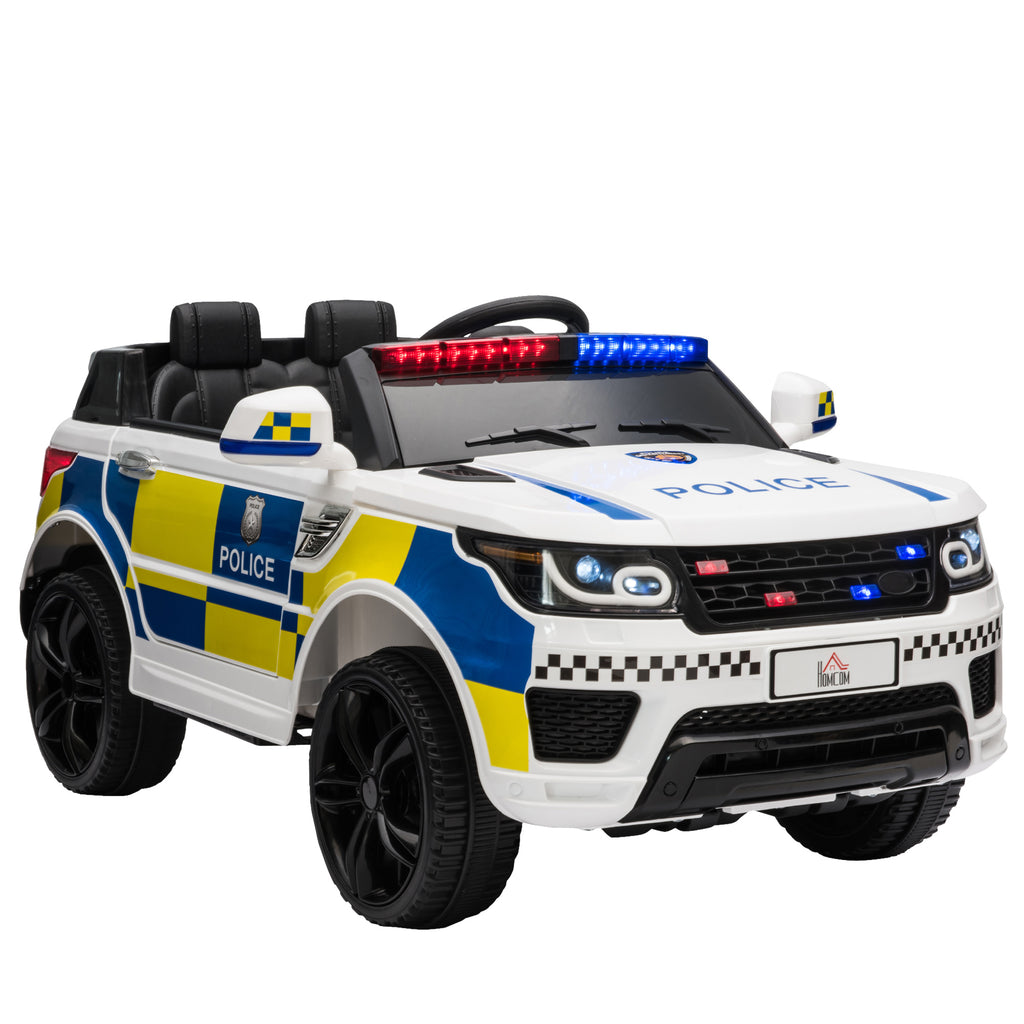 DodiOnline 12V Kids Electric Ride On Police Car 2 Motors with Parental Remote Control Siren Flashing Lights USB Portable for 3-6 Years White