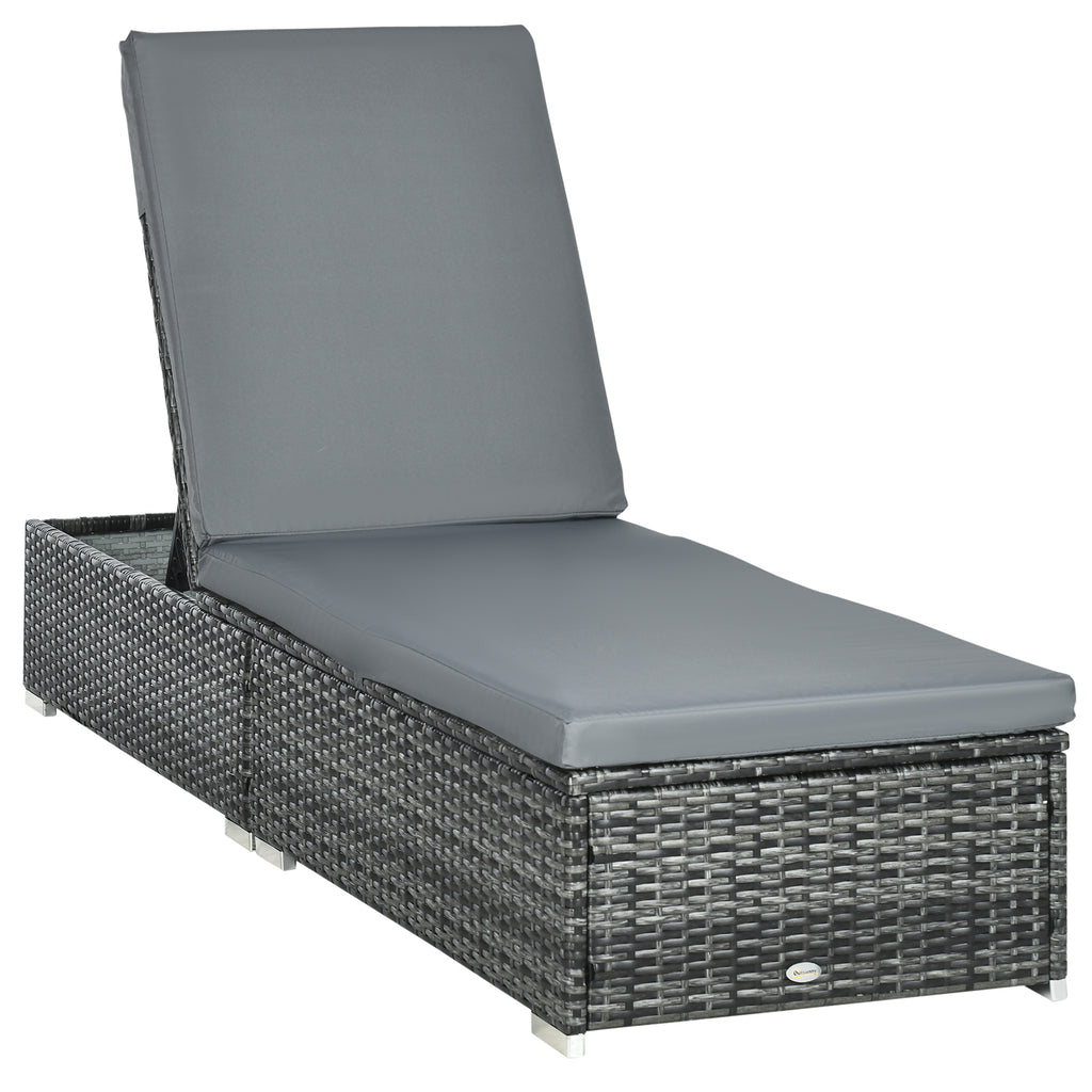 DodiOnline PE Rattan Sun Lounger, Five-level Adjustable Recliner Bed Chair with Soft Padded Cushion for Patio, Garden, Mixed Grey