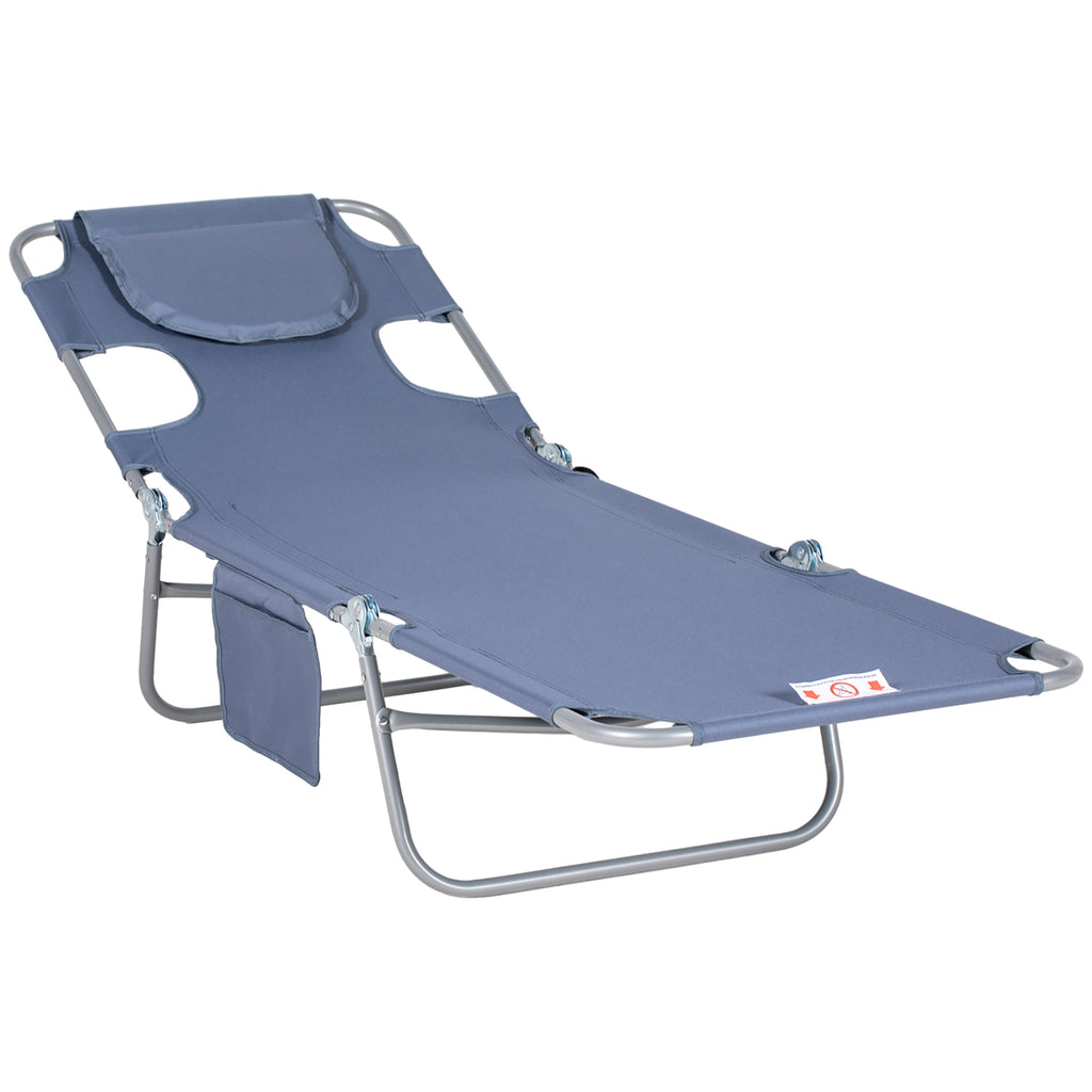 DodiOnline Foldable Sun Lounger, Beach Chaise Lounge with Reading Hole, Arm Slots, 5-Position Adjustable Backrest, Side Pocket, Pillow for Patio, Garden, Beach, Pool, Grey