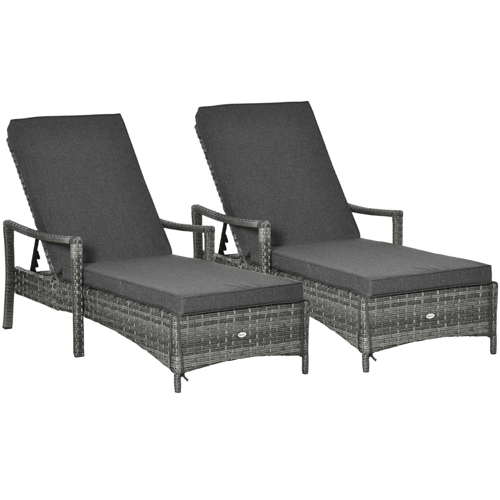 DodiOnline PE Rattan Sun Loungers set of 2 with Cushion, Outdoor 2 Pieces Garden Sunbed Furniture with 4-Level Recliner Backrest, and Armrest, Grey