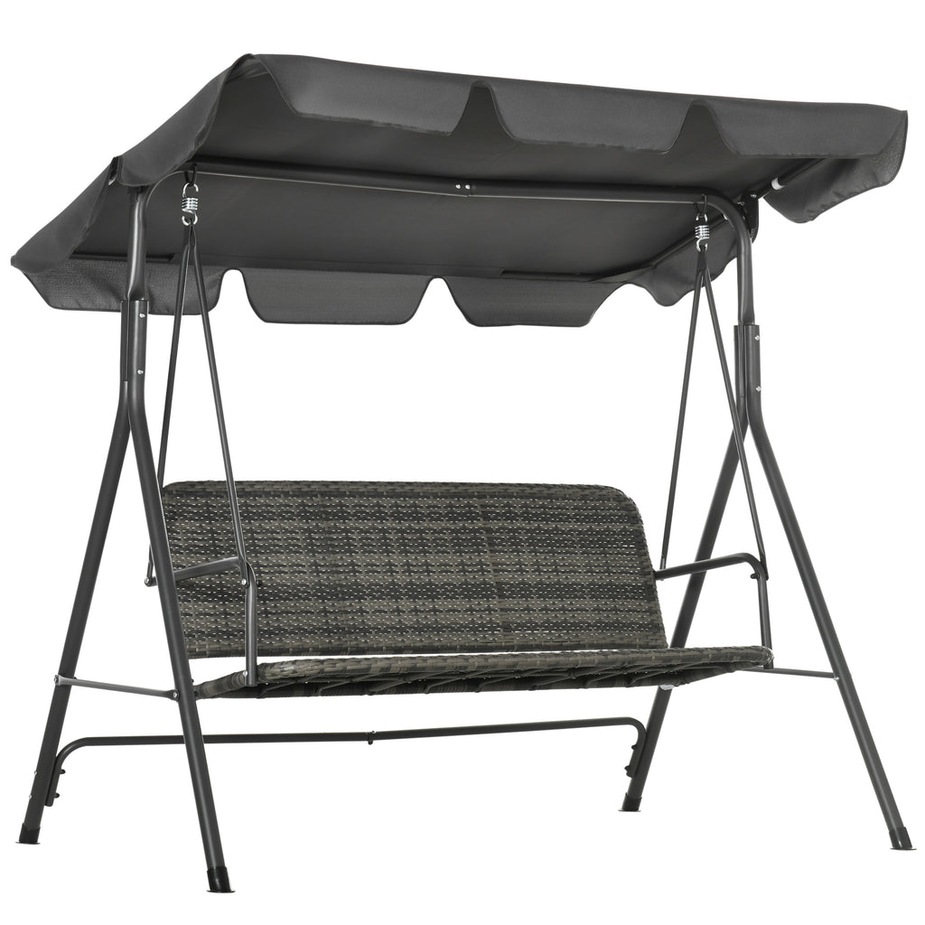 DodiOnline 3-Seater Outdoor PE Rattan Swing Chair, Patio Wicker Hanging Swing Bench with Steel Frame Stand & Adjustable Canopy, Grey