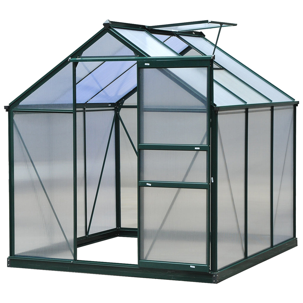 DodiOnline 6 x 6ft Polycarbonate Greenhouse, Large Walk-In Green House with Slide Door and Window, Garden Plants Grow House with Aluminium Frame and Foundation, Dark Green