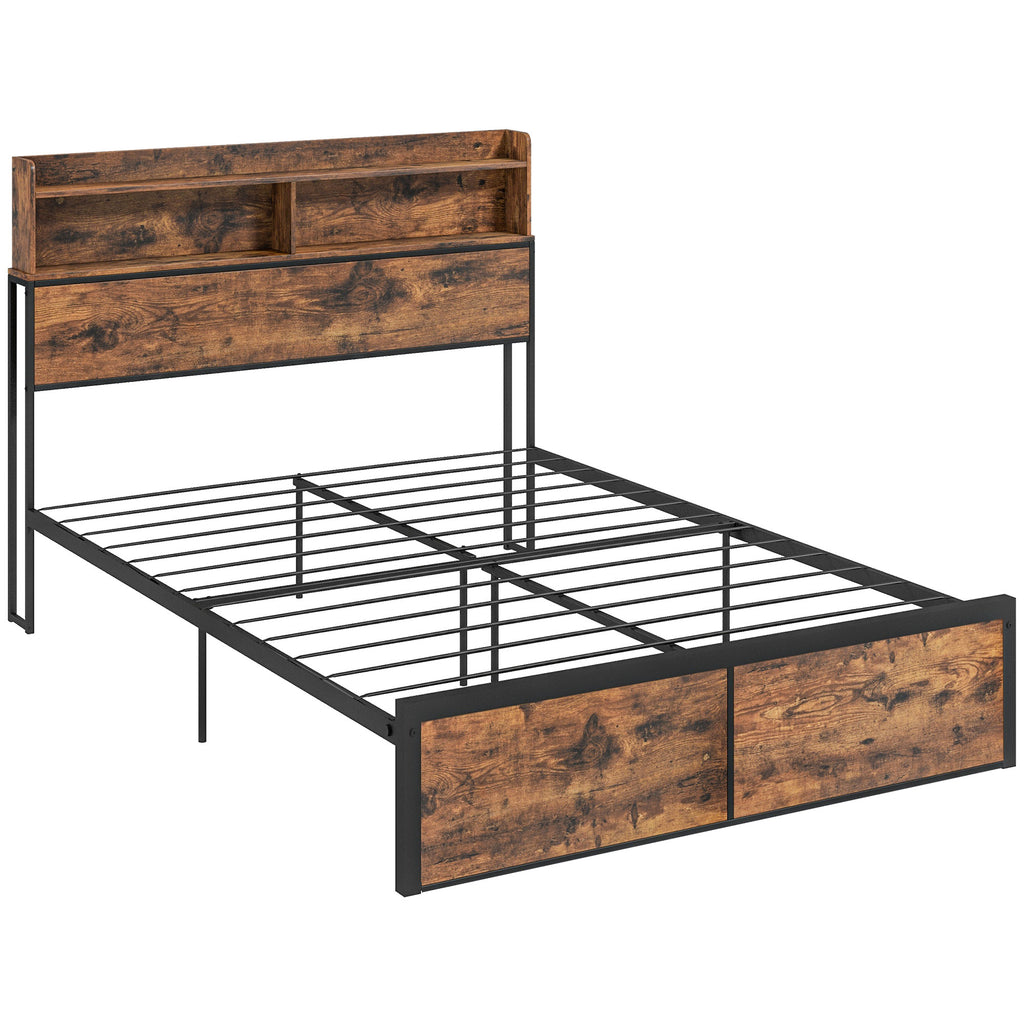 DodiOnline Industrial Double Bed Frame, 4.8FT Steel Bed Base with Storage Headboard, Footboard, Slatted Support and Under Bed Storage, 145 x 209cm, Rustic Brown