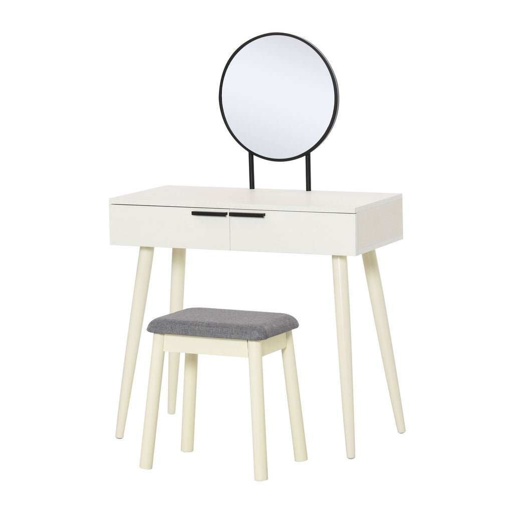 DodiOnline Dressing Table with Mirror and Stool, Vanity Makeup Desk Set with 2 Drawers, Cushioned Stool and Make-up Organizer for Bedroom and Dressing Room, White