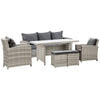DodiOnline 6 Pieces PE Rattan Outdoor Furniture Set with Three-seat, Armchairs and Footstools, Aluminium Patio Wicker Dining Sets w/ Glass Top Dining Table, Soft Cushion, Light Grey