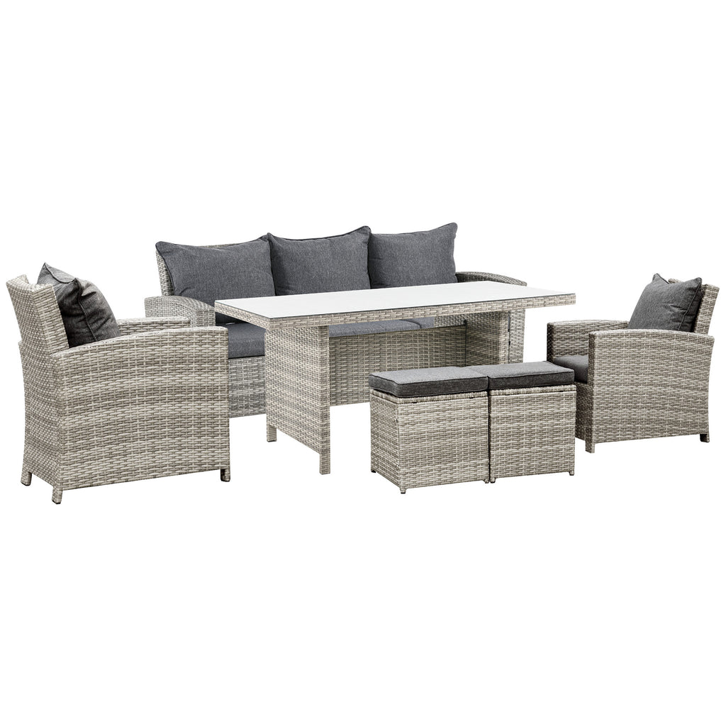 DodiOnline 6 Pieces PE Rattan Outdoor Furniture Set with Three-seat, Armchairs and Footstools, Aluminium Patio Wicker Dining Sets w/ Glass Top Dining Table, Soft Cushion, Light Grey