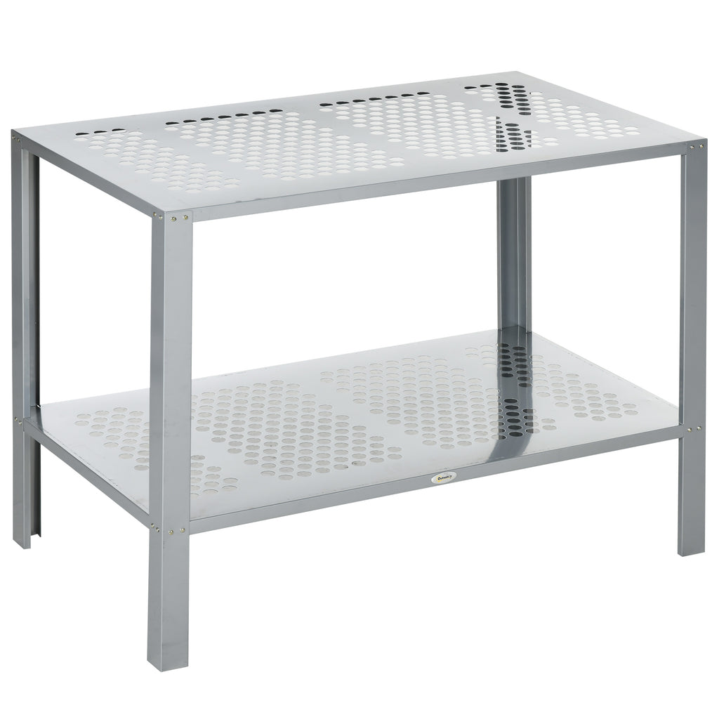 DodiOnline 2-Tier Plant Stand, Corner Plant Shelf for Outdoor and Indoor Storage Organizer, Freestanding Flower Rack with Steel Frame, Mesh Board, Silver