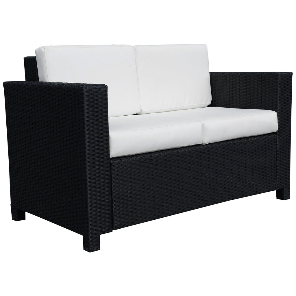 DodiOnline 2 Seater Rattan Sofa with Soft Padded Cushion, All-Weather PE Wicker Weave Garden Loveseat with Armrests, Black