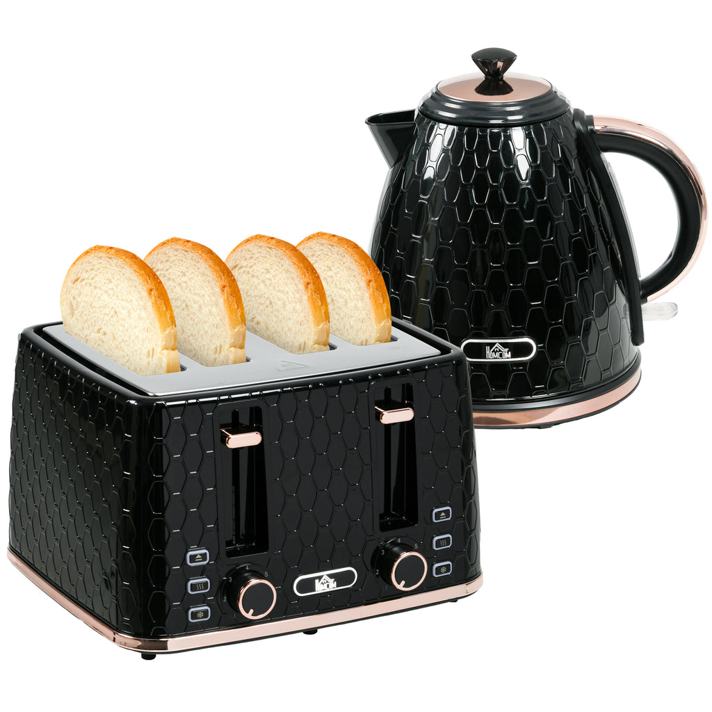 DodiOnline 1.7L 3000W Fast Boil Kettle & 4 Slice Toaster Set, Kettle and Toaster Set with 7 Browning Controls, Crumb Tray, Black