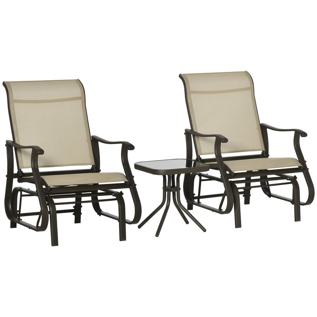 DodiOnline Set of 3 Gliding Chair & Tea Table Set, Outdoor Rocker Set with 2 Armchairs, Tempered Glass Tabletop, Khaki