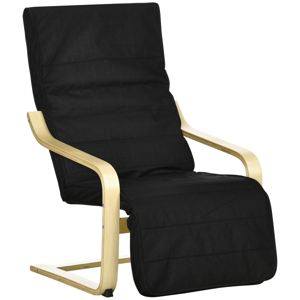 DodiOnline Wooden Lounging Chair Deck Relaxing Recliner Lounge Seat with Adjustable Footrest & Removable Cushion Cover, Black