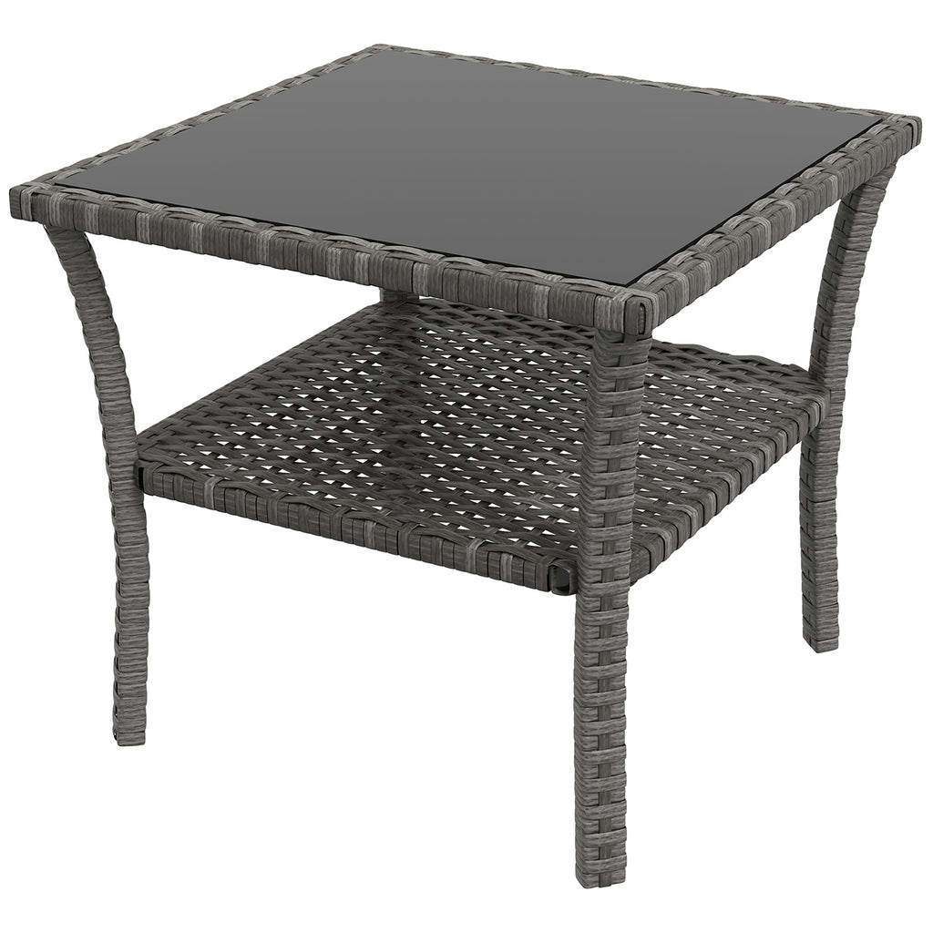 DodiOnline 50cm Outdoor PE Rattan Coffee Table, Patio Wicker Two-tier Side Table with Glass Top, for Patio, Garden, Balcony, Grey