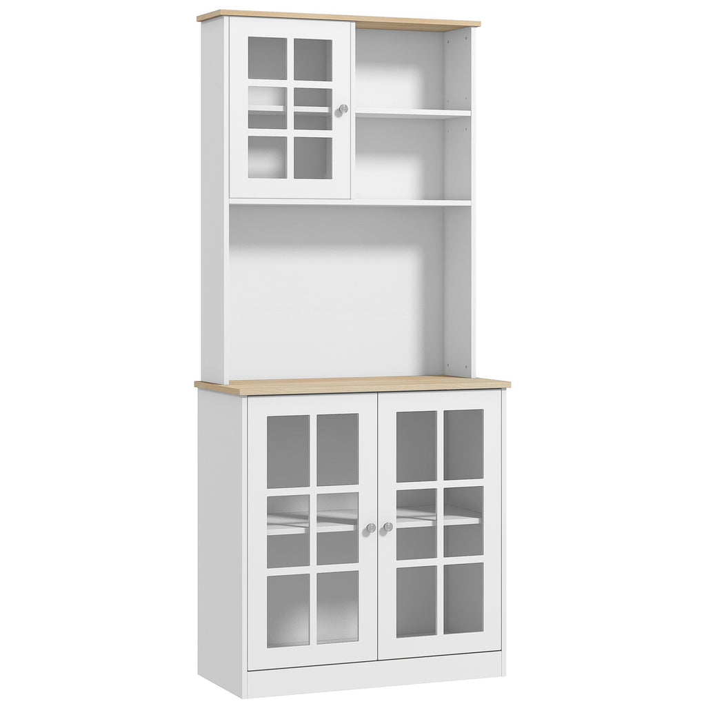 DodiOnline Freestanding Kitchen Cupboard, Storage Cabinet with Doors and Adjustable Shelves, Counter Top, Grid Glass Doors, 80L x 37W x 183H cm - White